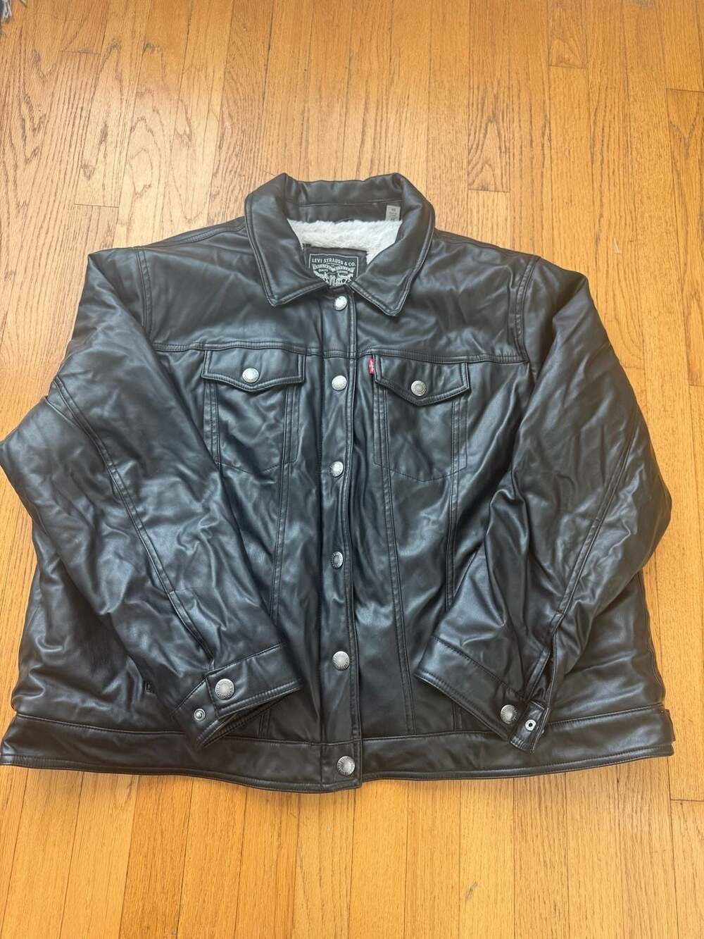 Levis Faux Leather Trucker Jacket Size 3X Black Shearling Lined